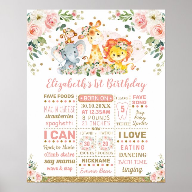 Affiche Animaux de la jungle florale rose 1er anniversaire (Devant)