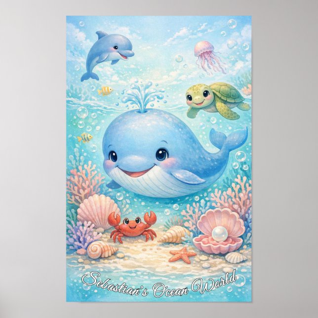 Affiche Animaux de l'océan pastel Garçon Baleine bleue Dau (Devant)