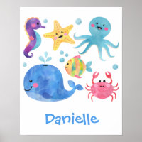 animaux de mer, aquarelle animaux de mer, poisson,