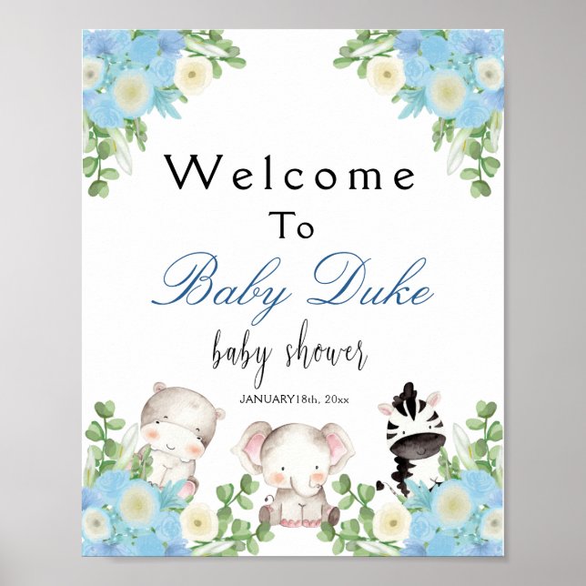 Affiche animaux de safari Blue Boy Baby shower Welcome Pos (Devant)