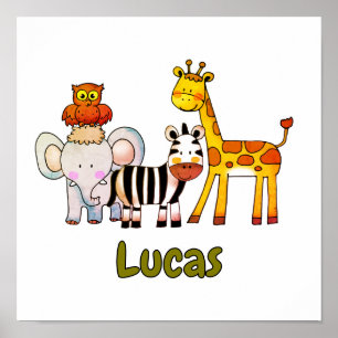 Affiche Animaux de safari de dessin animé mignons nom pers