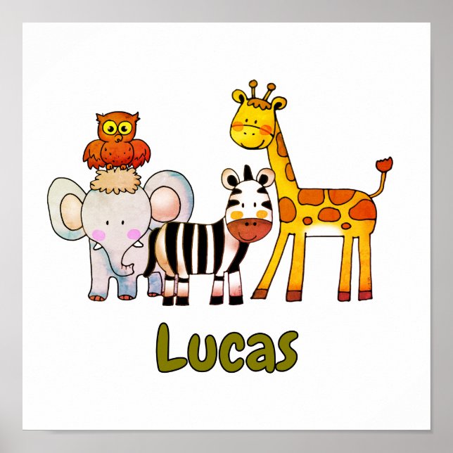 Affiche Animaux de safari de dessin animé mignons nom pers (Devant)