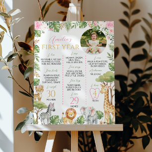 Affiche Animaux de Safari Rose Premier Anniversaire Sauvag