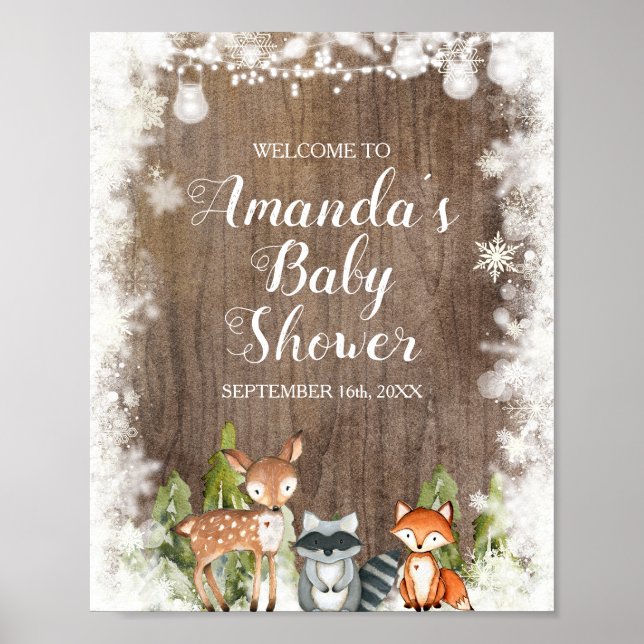 Affiche Animaux d'hiver Baby shower de flocons de neige en (Devant)
