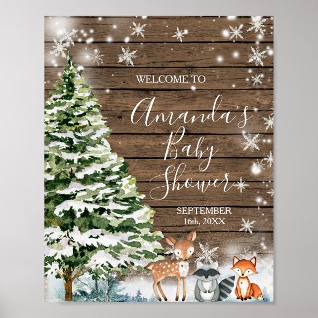 Affiche Animaux d'hiver Baby shower de flocons de neige en (Devant)