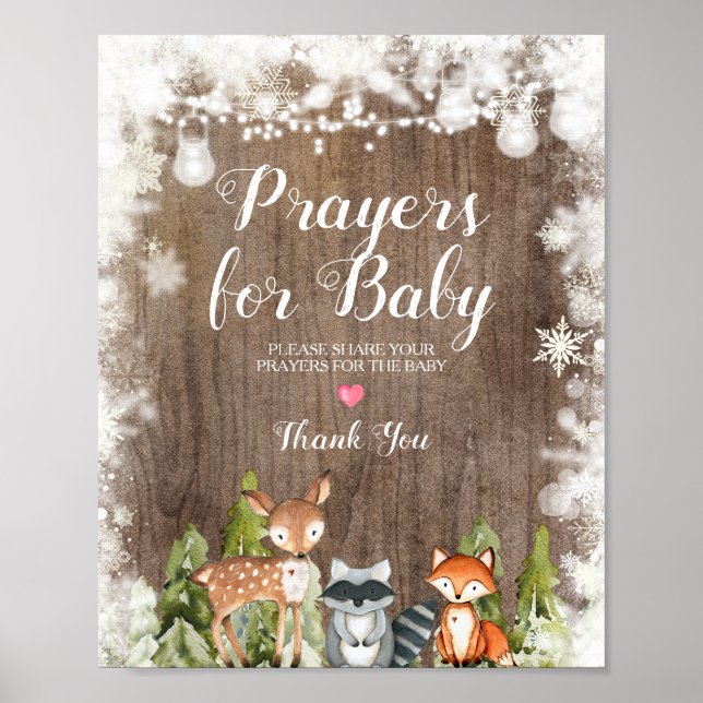 Affiche Animaux d'hiver Prières en bois rustique pour bébé (Devant)