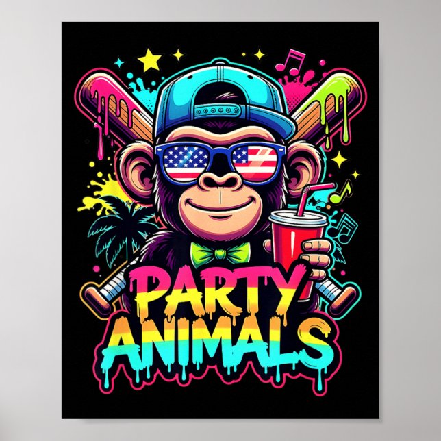 Affiche Animaux Drôles Singe Baseball Drip Enfants Jeuness (Devant)