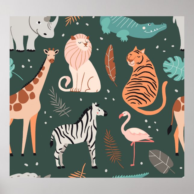 Affiche Animaux exotiques : Motif Tropical foncé pour enfa (Devant)