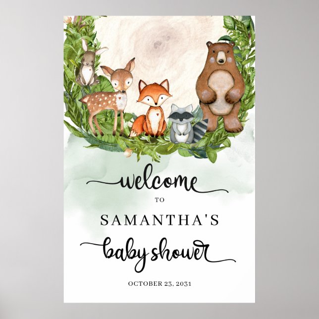 Affiche Animaux forestiers baby shower en tranche de bois  (Devant)