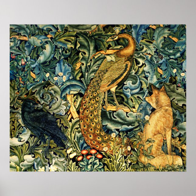 Affiche ANIMAUX FORESTIERS, RAVEN, FOX, PEACOCK Blue Green (Devant)