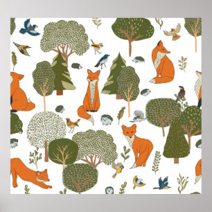 Affiche Animaux forestiers : renards, oiseaux motifs