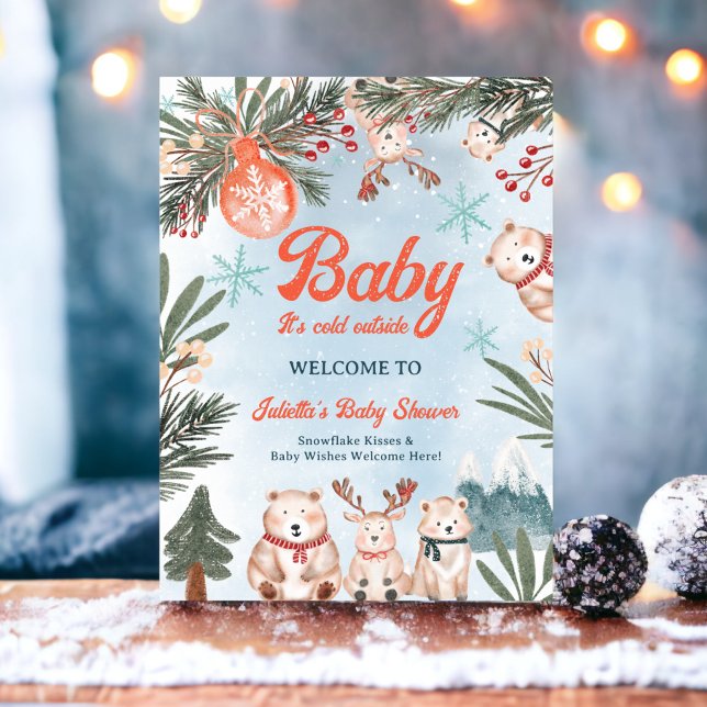 Affiche Animaux mignons baby shower de Noël d'hiver (Cute Animals Winter Christmas baby shower welcome Poster)