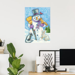 Affiche Animaux mignons construisant un bonhomme de neige 