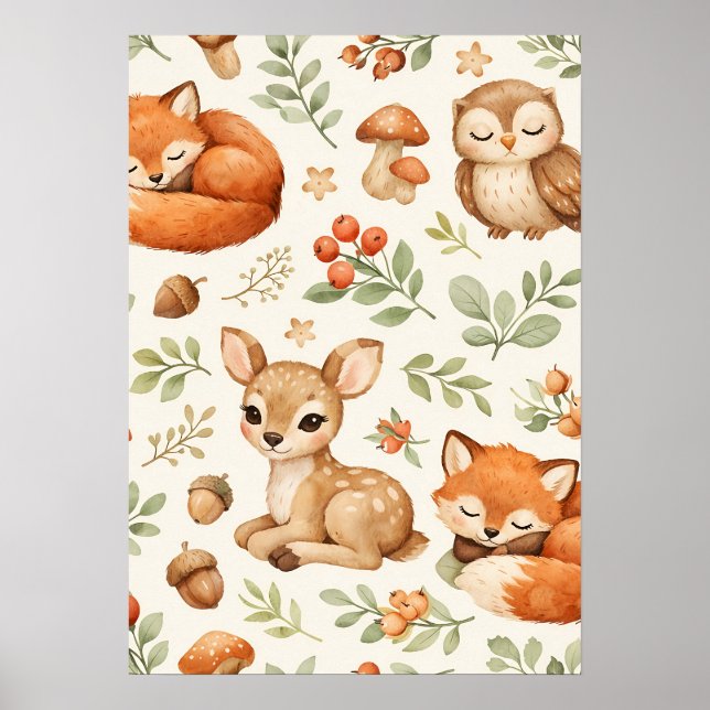 Affiche Animaux mignons de la forêt et motif de baies (Devant)