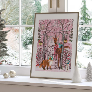 Affiche Animaux mignons de la forêt hivernale rose pour le