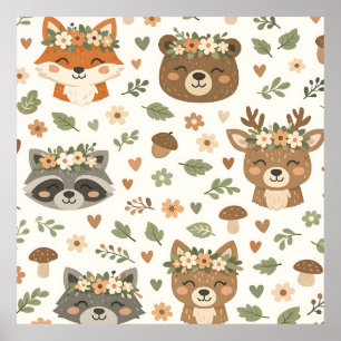 Affiche Animaux mignons de la forêt Motif floral