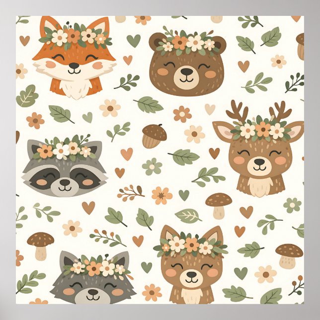 Affiche Animaux mignons de la forêt Motif floral (Devant)