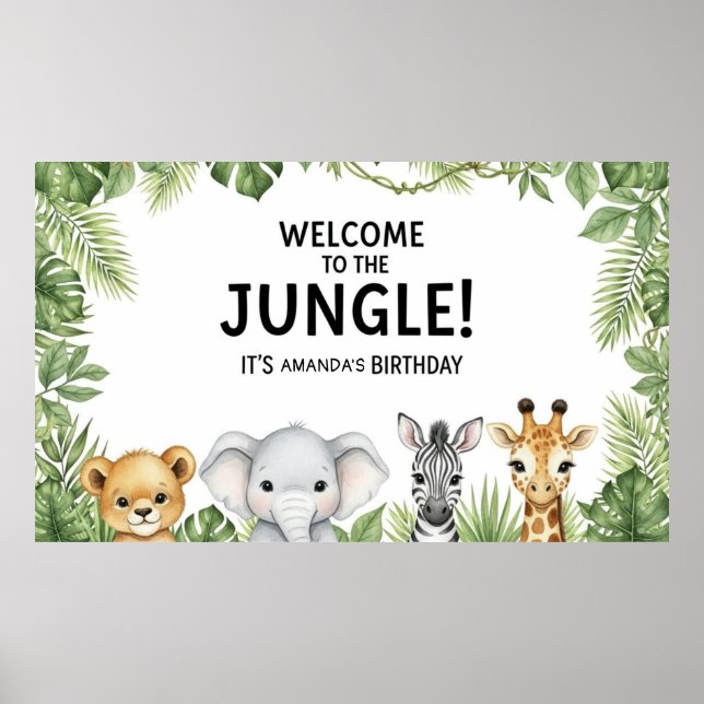 Affiche Animaux mignons de safari Bienvenue Anniversaire J (Devant)