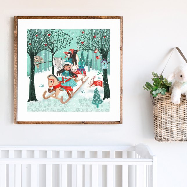 Affiche Animaux mignons Hiver Merveilleux Bois Filles fore (Cute Animals Winter Wonder Woodland Forest Girls Poster)