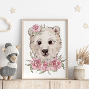 Affiche Animaux Ours Bébé Rose Impression sur mu