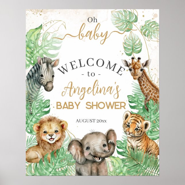 Affiche Animaux Safari Baby shower de verdure tropicale (Devant)