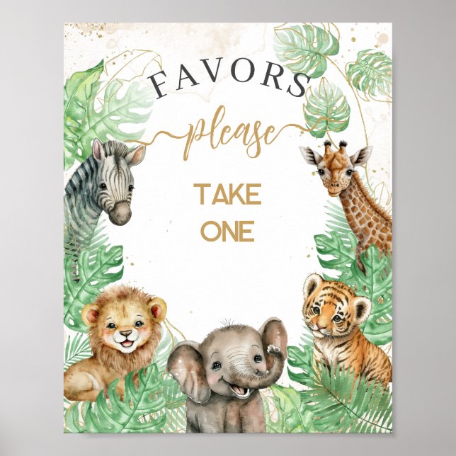 Affiche Animaux Safari Baby shower de verdure tropicale en (Devant)