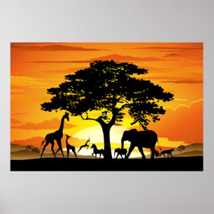 Affiche Animaux sauvages sur le coucher de soleil de la sa