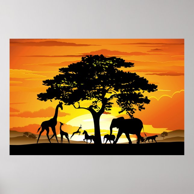 Affiche Animaux sauvages sur le coucher de soleil de la sa (Devant)