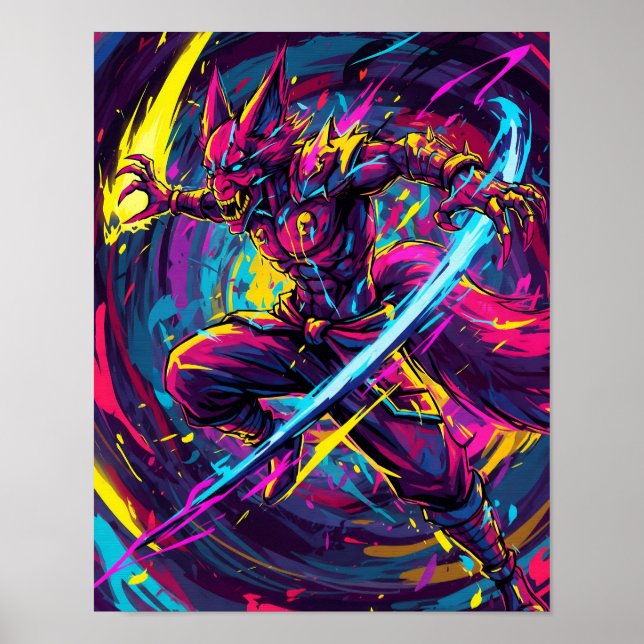 Affiche Anime Abstrait : Neon Kitsune Warrior (Devant)