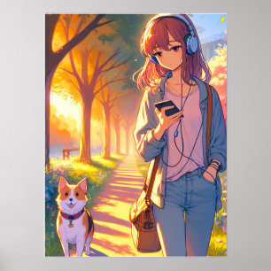 Affiche Anime Adolescent Écouter Musique Marcher Son Chien