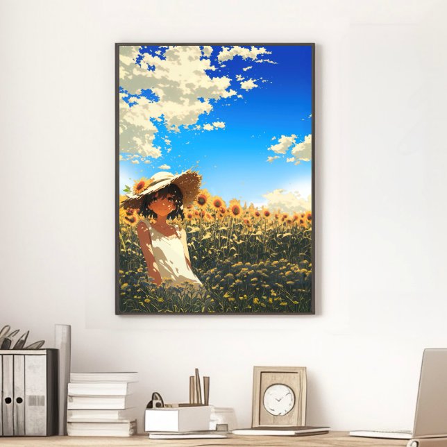 Affiche Anime Aesthetic Japanese Summer Sunflower Field  (This image shows the product with a frame attached; the frame is not included.)