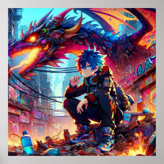 Affiche Anime Boy et Dragon dans un monde dystopique