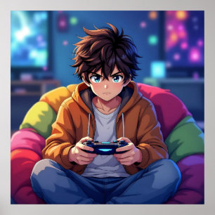 Affiche Anime Boy jouant jeu vidéo