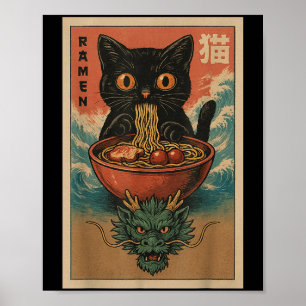 Affiche Anime Chat Ramen Japonais Drôle Art Kawaii Chat Et