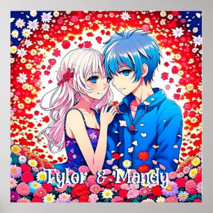 Affiche Anime Couple, Fleurs Personnalisées
