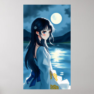 Affiche anime fille avec lune de lac et fluides brosse