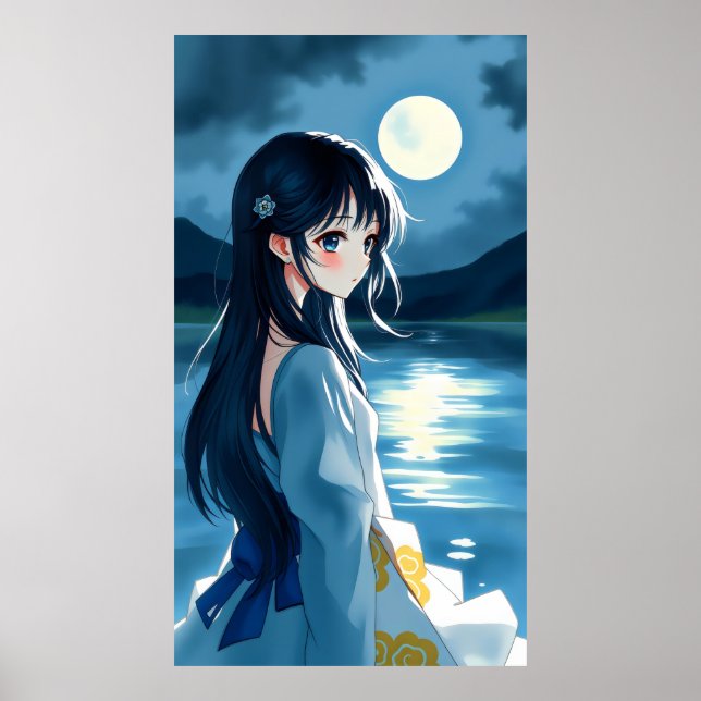 Affiche anime fille avec lune de lac et fluides brosse (Devant)