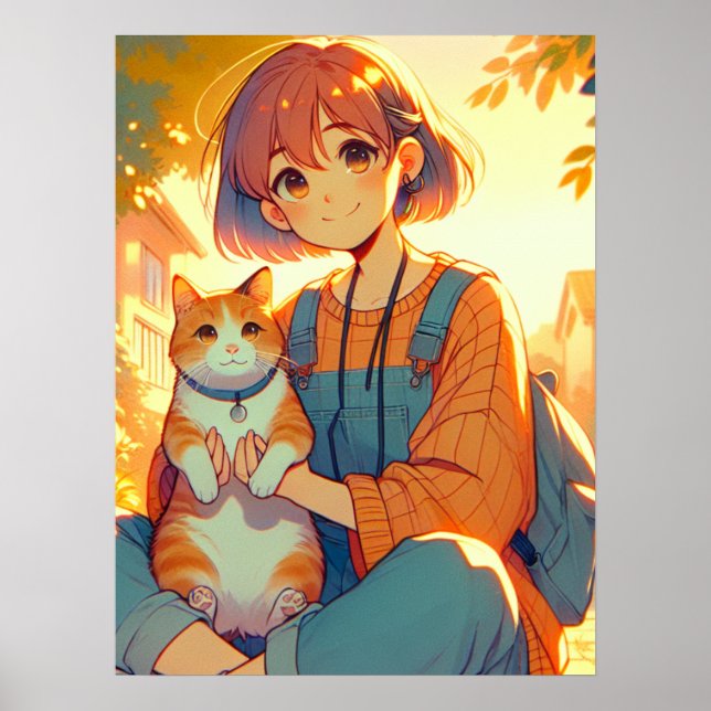 Affiche Anime Girl Avec Son Chat Favori (Devant)