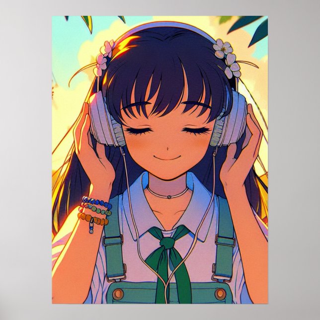 Affiche Anime Girl Écouter la musique (Devant)