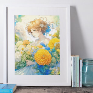 Affiche Anime Girl en Fleurs Jaunes et Bleues