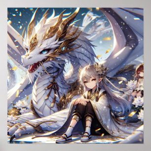 Affiche Anime Girl et Dragon blanc et or