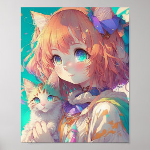 Affiche Anime Girl Holding an Adorable Kitten