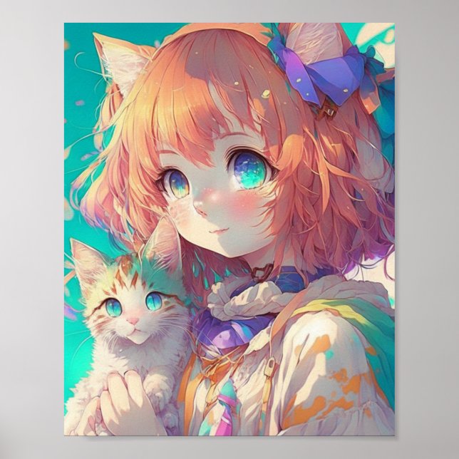 Affiche Anime Girl Holding an Adorable Kitten (Devant)