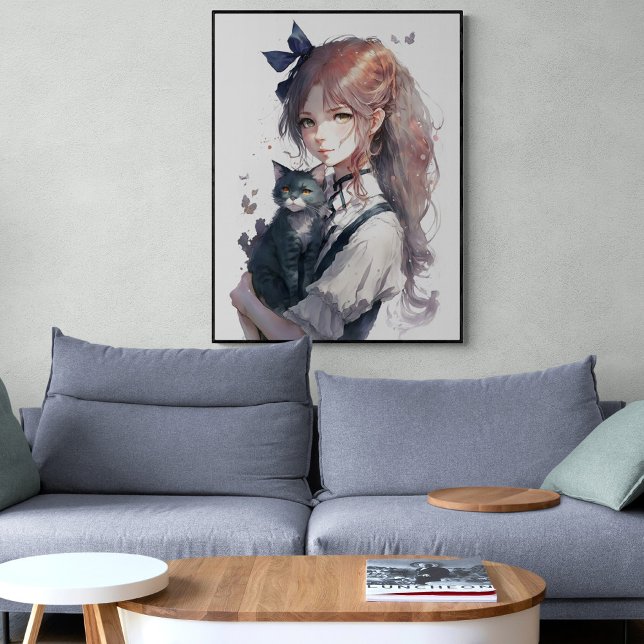 Affiche Anime Girl tenant son chat Aquarelle Portrait (Créateur téléchargé)