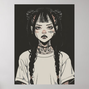 Affiche Anime gothique fille avec tatouages à l'air ennuyé