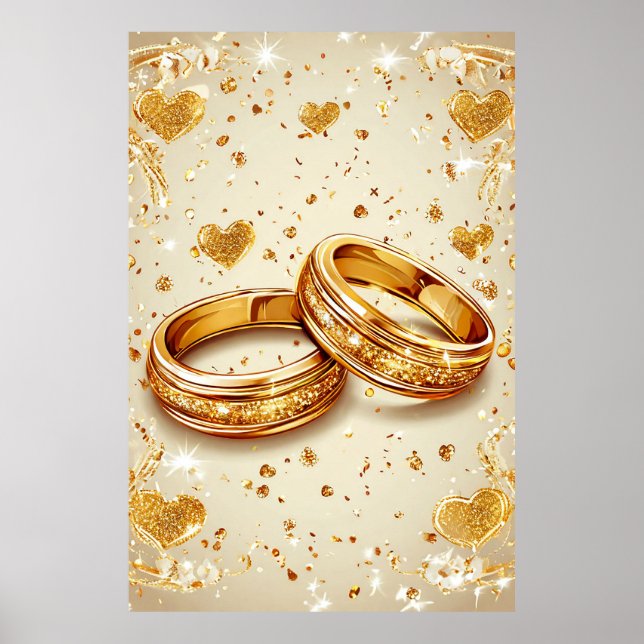 Affiche Anneaux de Mariage avec des Cœurs Dorés Amour Roma (Devant)