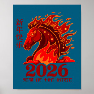 Affiche Année Cheval Lunaire Chinois Cheval de Feu