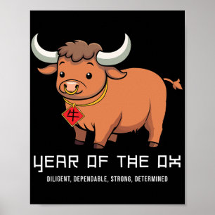 Affiche Année du bœuf mignon kawaii zodiaque chinois chino