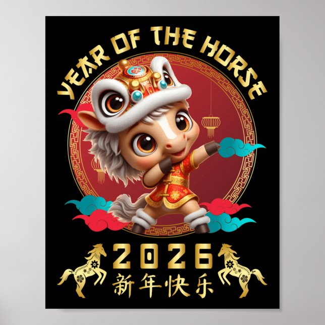 Affiche Année Du Cheval 2026 Joli Nouvel An Lunaire Chinoi (Devant)