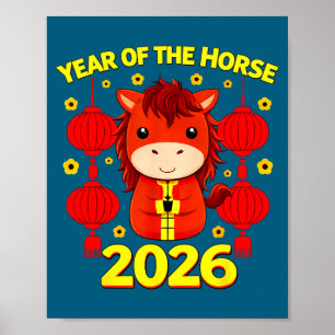 Affiche Année du cheval Nouvel An chinois lunaire Feu Chev
